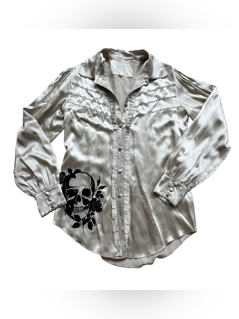 Johnny Was For Love & Liberty Skull Rose Satin Blouse Western Goth Y2K S Boho